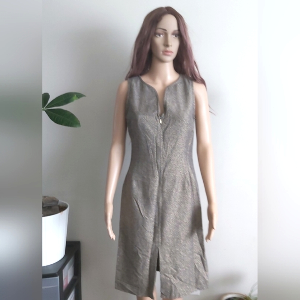 Kookai tweed sleeveless gold tan midi dress front slit lined
